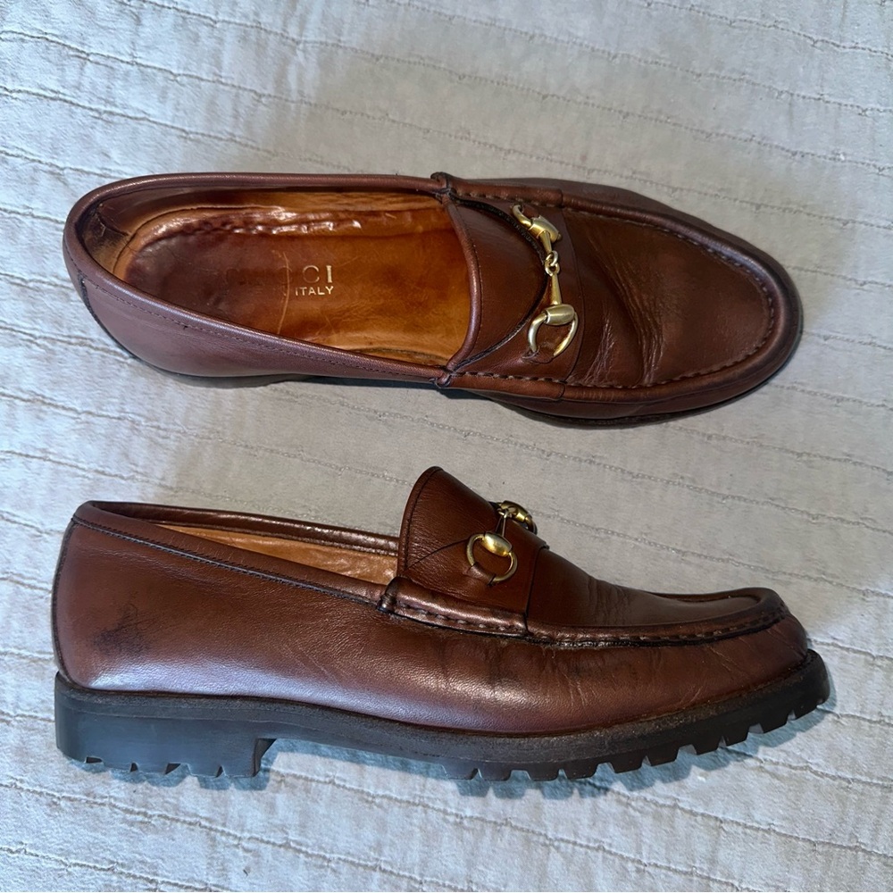 Vintage Gucci Lug Sole Horsebit Leather Loafers  Brown 8